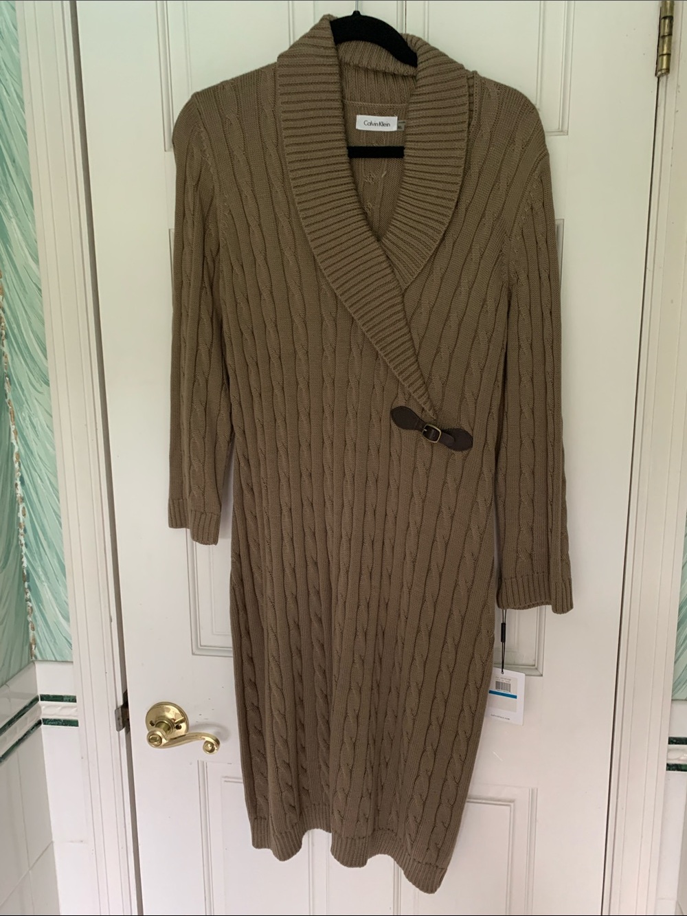 Calvin Klein Taupe Cable Knit Wrap Dress with Shawl Collar